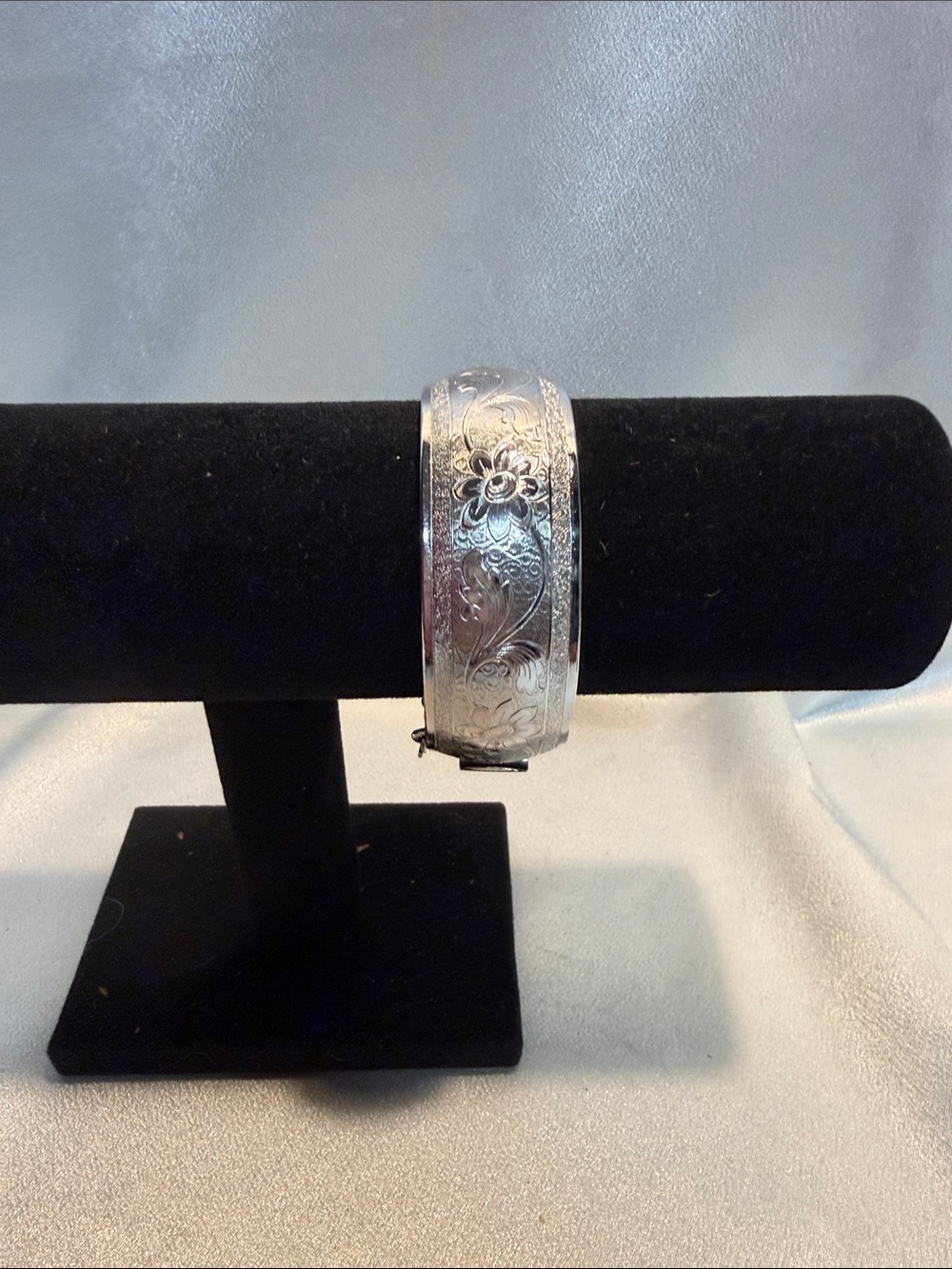 Floral Engraved Silver-Tone Cuff Bracelet - Women's Jewelry Marked “Coco”